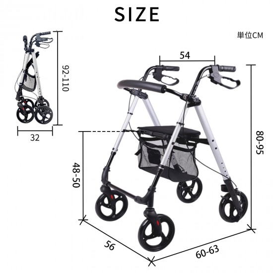 Walking wheel Assist Walker Indoor/outdoor four-wheel walker, height adjustable, foldable